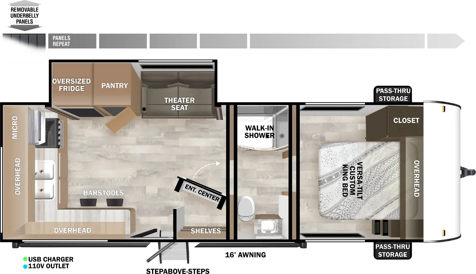 The Evo Southwest T2230 floorplan has one entry and one slide out. Exterior features include: metal exterior and 16' awning. Interiors features include: rear kitchen, front bedroom and pass through bathroom.